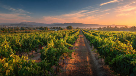 A panoramic wide view of vineyard growing closely together at dawn gentle morning light illuminating...