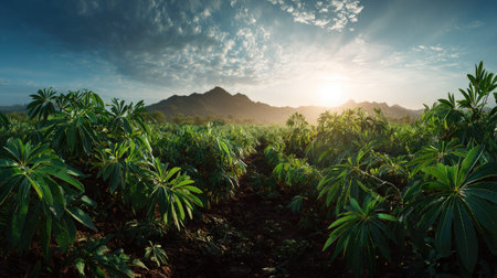 A panoramic wide view of Lucuma field growing closely together at dawn gentle morning light...