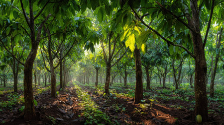 A panoramic wide view of cacao plantation growing closely together at dawn gentle morning light...