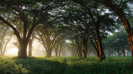 A panoramic wide view of Kapok tree field growing closely together at dawn gentle morning light...