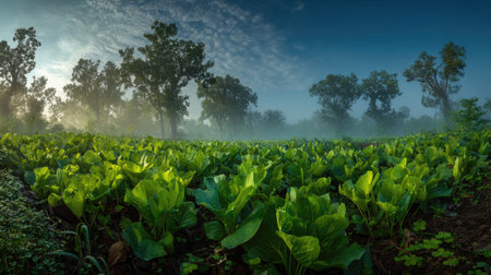 A panoramic wide view of Indian toothcup field growing closely together at dawn gentle morning light...