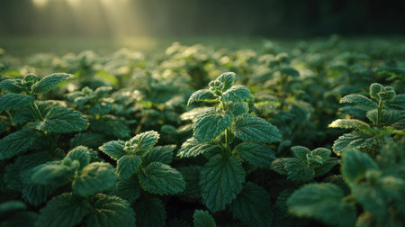 A panoramic wide view of Horehound field growing closely together at dawn gentle morning light...