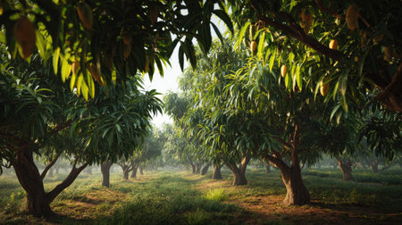 A panoramic wide view of Mango tree orchard growing closely together at dawn gentle morning light...