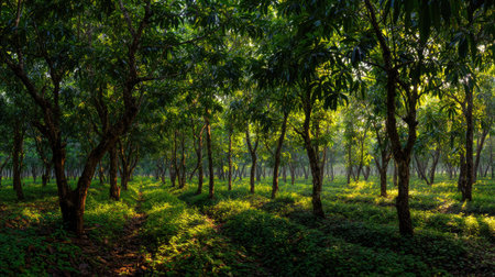 A panoramic wide view of Rambutan field growing closely together at dawn gentle morning light illuminating fresh leaves ultra realistic photography cinematic wide composition lifelike natural sceneの写真素材