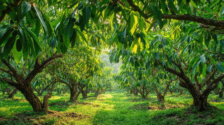 A panoramic wide view of Mamey sapote field growing closely together at dawn gentle morning light...