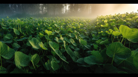 A panoramic wide view of Ramie field growing closely together at dawn gentle morning light...