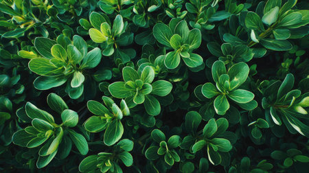 A panoramic wide view of Purslane field growing closely together at dawn gentle morning light...