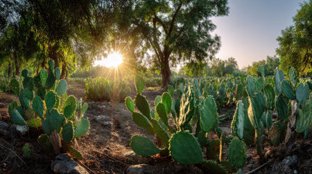 A panoramic wide view of prickly pear orchard growing closely together at dawn gentle morning light...