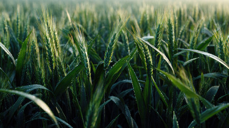 A panoramic wide view of Triticale field growing closely together at dawn gentle morning light...