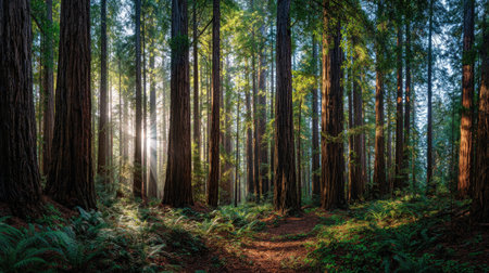 A panoramic wide view of Redwood field growing closely together at dawn gentle morning light...