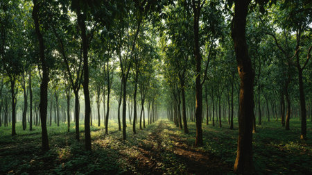 A panoramic wide view of rubber plantation growing closely together at dawn gentle morning light...