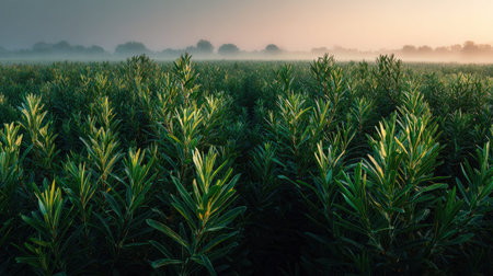 A panoramic wide view of Sea buckthorn field growing closely together at dawn gentle morning light...