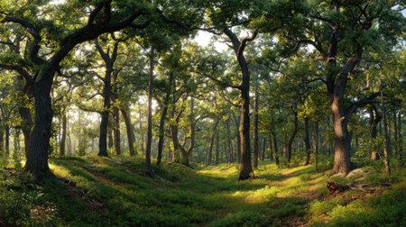 A panoramic wide view of White oak forest growing closely together at dawn gentle morning light...