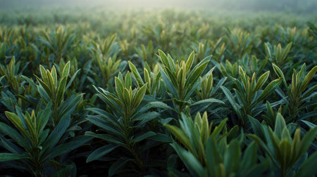 A panoramic wide view of Oleander field growing closely together at dawn gentle morning light...