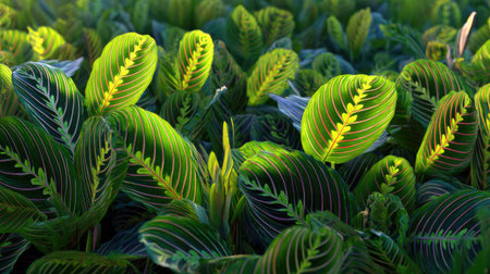 A panoramic wide view of Maranta flower garden growing closely together at dawn gentle morning light...