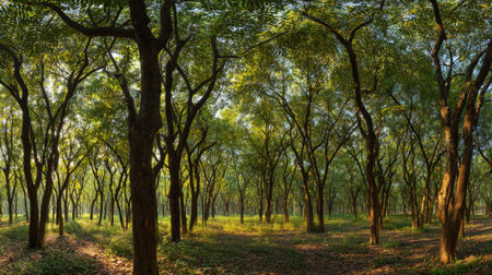 A panoramic wide view of Sandalwood field growing closely together at dawn gentle morning light...
