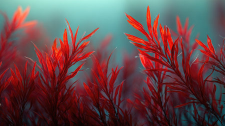 A panoramic wide view of Red algae field growing closely together at dawn gentle morning light...
