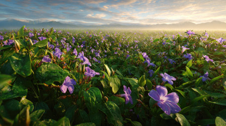 A panoramic wide view of Thunbergia field growing closely together at dawn gentle morning light...