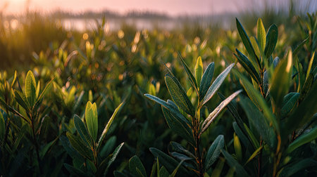 A panoramic wide view of Shiny bush field growing closely together at dawn gentle morning light...