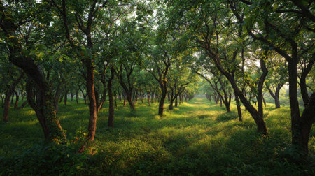 A panoramic wide view of Wild plum orchard growing closely together at dawn gentle morning light...