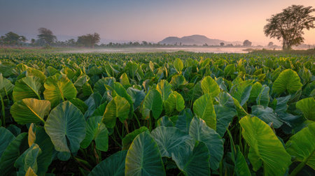A panoramic wide view of Taro field growing closely together at dawn gentle morning light...