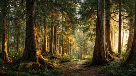 A panoramic wide view of Western red cedar forest growing closely together at dawn gentle morning...