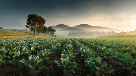 A panoramic wide view of Tuscan kale field growing closely together at dawn gentle morning light illuminating fresh leaves ultra realistic photography cinematic wide composition lifelike natural sceneの写真素材