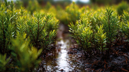 A panoramic wide view of Rooibos field growing closely together after rain wet leaves reflecting...