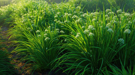 A panoramic wide view of Garlic chives garden growing closely together at dawn gentle morning light illuminating fresh leaves ultra realistic photography cinematic wide composition lifelike natural sceneの写真素材