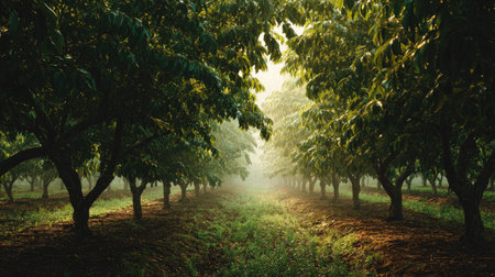A panoramic wide view of Passion fruit field growing closely together at dawn gentle morning light...