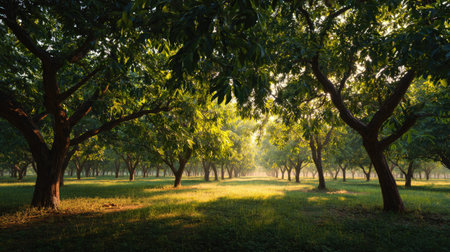 A panoramic wide view of Pecan field growing closely together at dawn gentle morning light illuminating fresh leaves ultra realistic photography cinematic wide composition lifelike natural sceneの写真素材