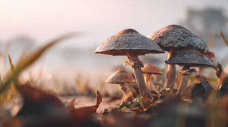 A panoramic wide view of Shiitake field growing closely together at dawn gentle morning light...