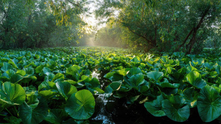 A panoramic wide view of Water chestnut field growing closely together at dawn gentle morning light...