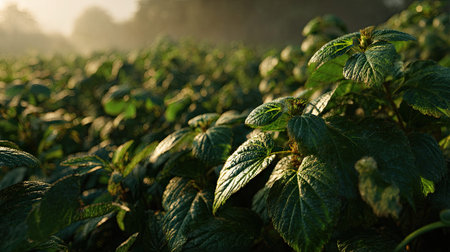 A panoramic wide view of Mulberry black field growing closely together at dawn gentle morning light...