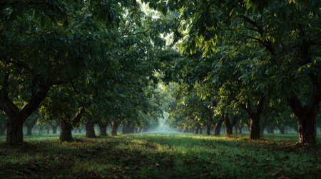 A panoramic wide view of Walnut field growing closely together at dawn gentle morning light...