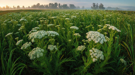 A panoramic wide view of Yarrow field growing closely together at dawn gentle morning light...