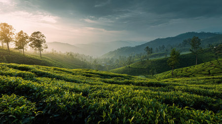 A panoramic wide view of tea plantation growing closely together at dawn gentle morning light...