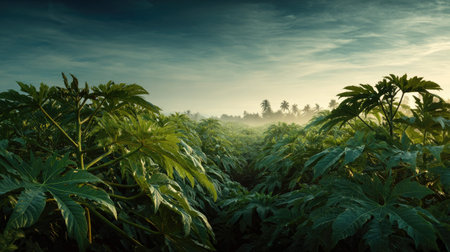 A panoramic wide view of Papaya field growing closely together at dawn gentle morning light...