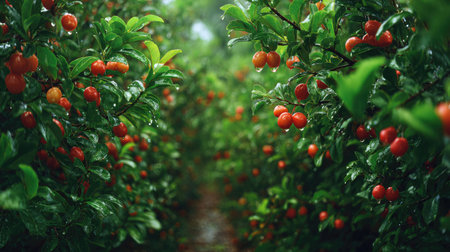 A panoramic wide view of Acerola field growing closely together under light drizzle soft raindrops...