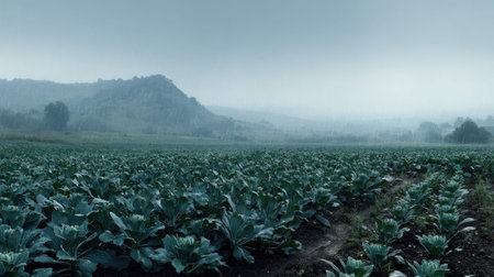 A panoramic wide view of Artichoke field growing closely together under light drizzle soft raindrops...