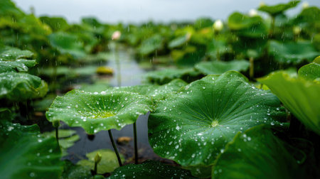 A panoramic wide view of Blue lotus pond growing closely together under light drizzle soft raindrops on leaves ultra realistic photography natural daylight cinematic wide composition lifelike natural sceneの写真素材