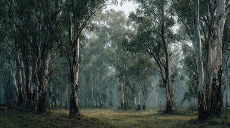 A panoramic wide view of Blue gum field growing closely together under light drizzle soft raindrops on leaves ultra realistic photography natural daylight cinematic wide composition lifelike natural sceneの写真素材