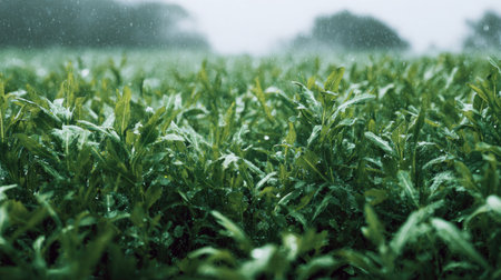 A panoramic wide view of Arugula field growing closely together under light drizzle soft raindrops on leaves ultra realistic photography natural daylight cinematic wide composition lifelike natural sceneの写真素材