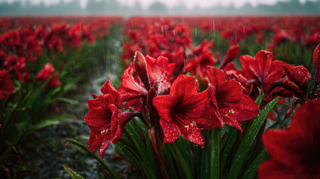 A panoramic wide view of Amaryllis field growing closely together under light drizzle soft raindrops...
