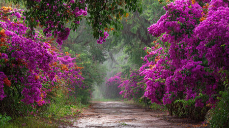 A panoramic wide view of Bougainvillea field growing closely together under light drizzle soft...