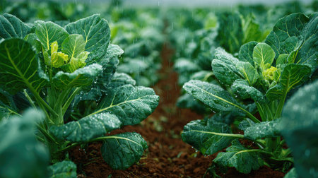 A panoramic wide view of Broccoli field growing closely together under light drizzle soft raindrops...
