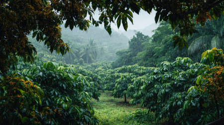 A panoramic wide view of Breadfruit tree field growing closely together under light drizzle soft raindrops on leaves ultra realistic photography natural daylight cinematic wide composition lifelike natural sceneの写真素材