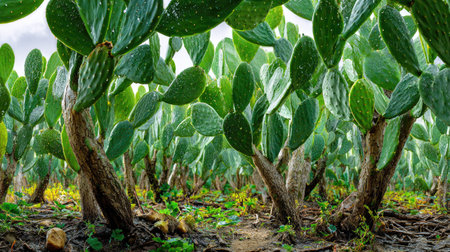A panoramic wide view of Cactus pear orchard growing closely together under light drizzle soft...