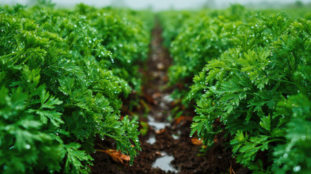 A panoramic wide view of Celery seed field growing closely together under light drizzle soft...