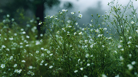 A panoramic wide view of Gilia field growing closely together under light drizzle soft raindrops on...